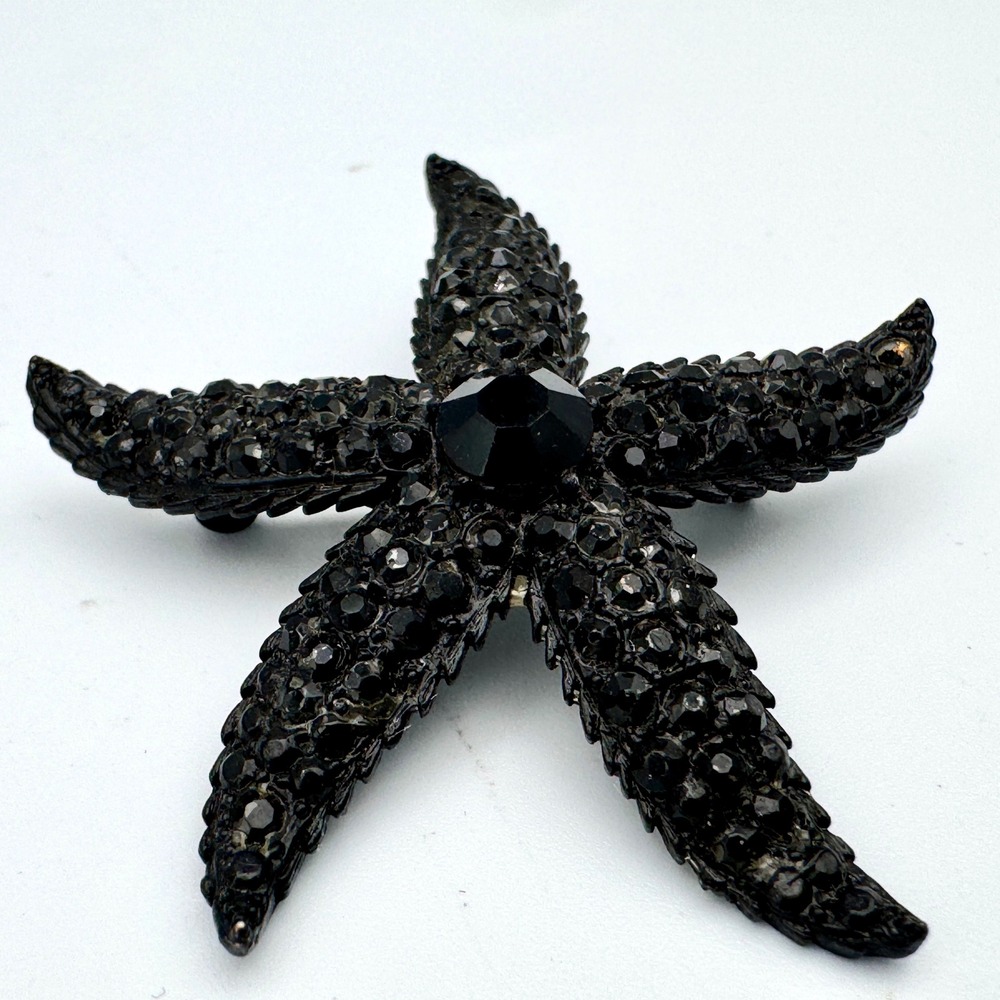 Vintage Weiss Black Starfish Brooch Pin Rhinestone Sea Star Gothic Glam 2.5"